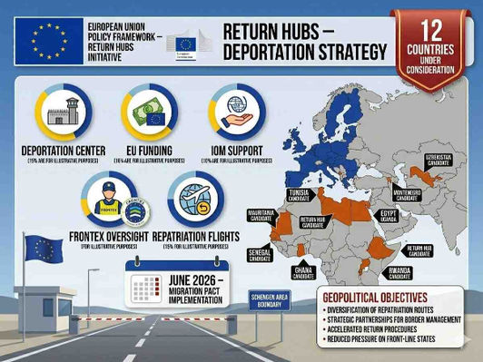 EU flag with return hubs banner, map highlighting 12 countries under consideration, and Migration Pact implementation June 2026.