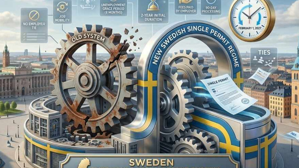 Sweden's single permit reforms take effect February 1, 2027, with work permits no longer tied to employers, 6-month unemployment grace period, and faster processing.