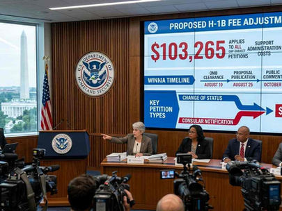 USCIS H-1B cap fee proposal 103265 2026 – infographic showing proposed $103,265 fee for all H-1B cap-subject petitions, 30-day comment period from August 25, and likely legal challenges.