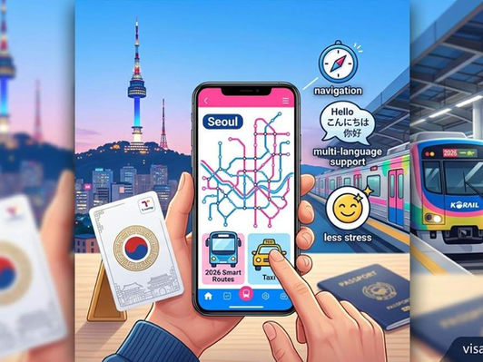 Korea smart digital navigation guides 2026 helping foreign visitors use transit, T-money cards, Naver Map, and Kakao T with multilingual infographics.