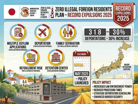 Japanese flag with Zero Illegal Foreign Residents Plan banner, record 318 deportations 2025, and asylum seeker impact icons.