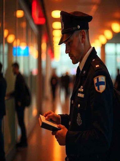 "Finnish border officer enforcing new entry ban rules under 2025 Aliens Act amendments at Helsinki Airport