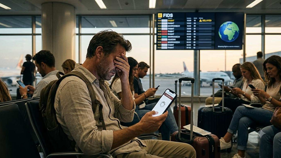 Morocco e-Visa portal disruption August 2026 – infographic showing Accès Maroc technical issues since August 20, applications freezing after travel conditions, no official explanation, and traveler guidance including contacting Moroccan embassies and keeping trying periodically.
