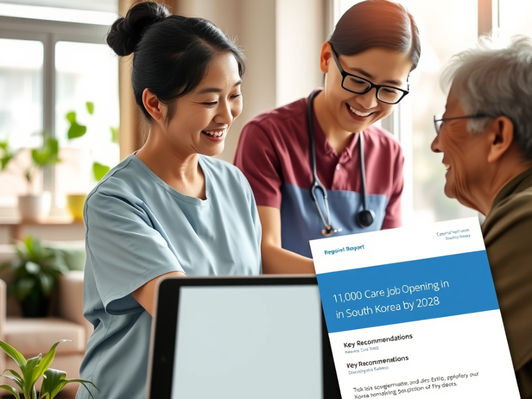 Foreign care worker assisting elderly Korean woman with tablet showing 110,000 Care Jobs Opening in South Korea by 2028 report.