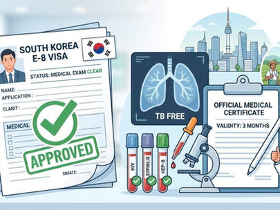 South Korea E-8 seasonal work visa medical exam requirements 2026 including chest X-ray, HIV, hepatitis, drug test, valid for 3 months from approved clinics.
