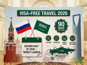 Russian and Saudi flags crossed, visa-free travel 2026 banner, 90 days per year badge, and map showing Russia-Saudi Arabia connections.