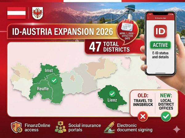 Austrian flag with Tirol map highlighting Imst, Reutte, Lienz district offices for ID-Austria expansion for foreign nationals from April 1, 2026.

