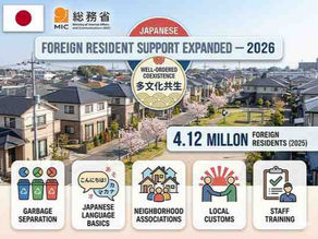 Japanese flag with foreign resident support expanded 2026, 4.12 million residents, garbage separation, Japanese language, neighborhood association icons.