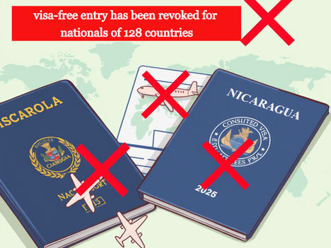 Nicaragua Consulted Visa 2026 policy change showing passport with required prior authorization stamp and revoked visa-free access for 128 nationalities