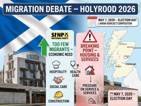Scottish flag with Holyrood Parliament, SNP says too few migrants, Reform UK warns breaking point, housing and economy at stake in May 2026 election.