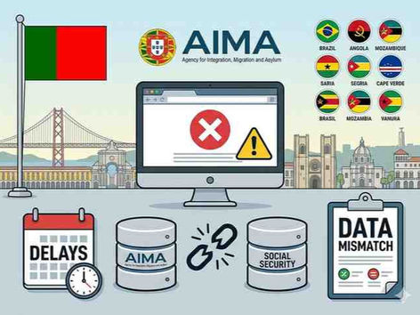 Portuguese flag, AIMA logo, online portal error, broken database connection, CPLP country icons, data mismatch warning.