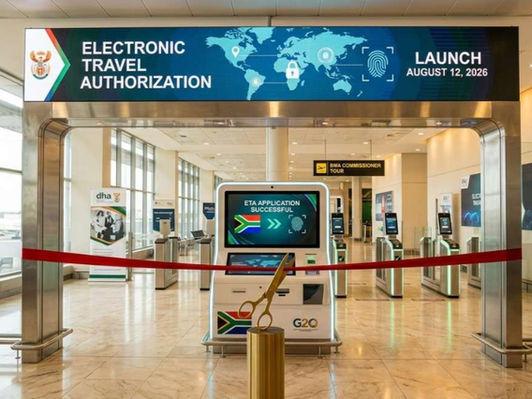 South Africa Electronic Travel Authorization launch August 12 2026 – infographic showing ETA launch at OR Tambo, 203,000+ applications processed, 5,700+ fraudulent apps detected, 24-48 hour processing, 90-day stay, and R500 proposed fee.