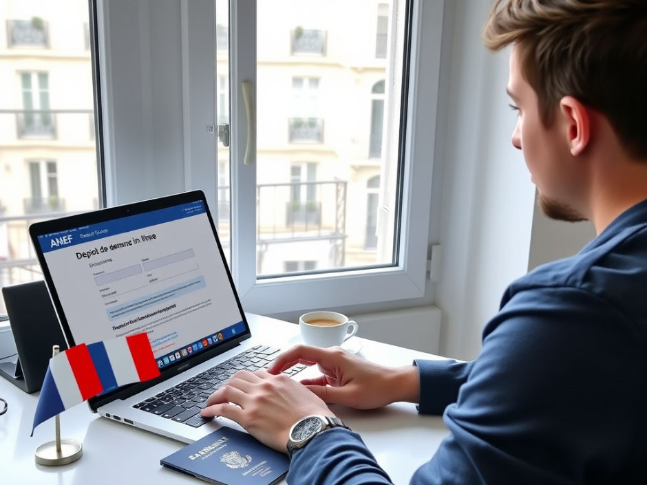 Young professional applying for France ANEF Digital Residence Permit 2026 on laptop with French biometric card and Eiffel Tower view.
