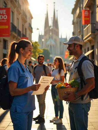 Spain 2025 Work Permit Program: Migrants in healthcare, agriculture, and tech sectors collaborating with Spanish locals to address labor shortages."