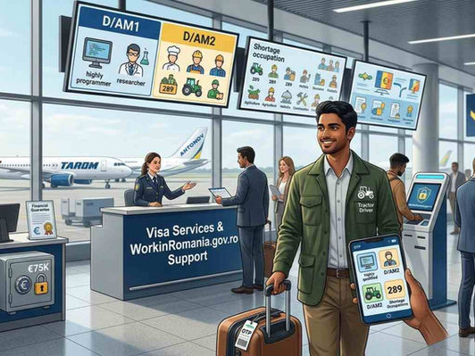 Romania D/AM1 and D/AM2 work visas 2026 infographic showing new visa categories for highly qualified and shortage workers, 289 shortage occupations list, €75,000 agency guarantee for up to 250 workers, WorkinRomania.gov.ro digital platform, and new employer regimes under Emergency Ordinance 32/2026.