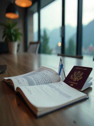  Norway work visa application, with a modern Norwegian office backdrop. The image represents the new 2025 salary requirements for non-EU skilled workers , small norway flag, and passport