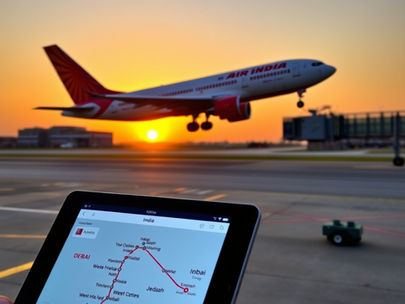Air India aircraft taking off with route map showing West Asia flights to Dubai Jeddah and Muscat during schedule adjustments March 2026.