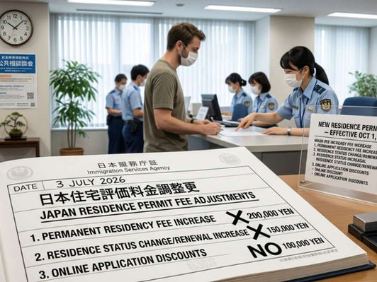Japan residence permit fee increase 2026: permanent residency jumps from 10,000 yen to 200,000 yen from October 1, with status changes up to 75,000 yen.