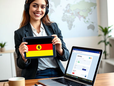 A woman holding a tablet with a German flag and checkmark, representing a successful application through the Germany digital visa portal 2026 for skilled workers.