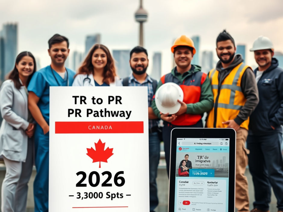 Diverse temporary foreign workers in Canada with TR to PR Pathway 2026 document and Toronto skyline representing permanent residency opportunity.
