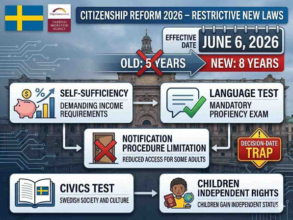 Swedish flag with Migrationsverket logo, citizenship reform 2026, 5 to 8 years residency, self-sufficiency, language and civics tests, decision-date trap.