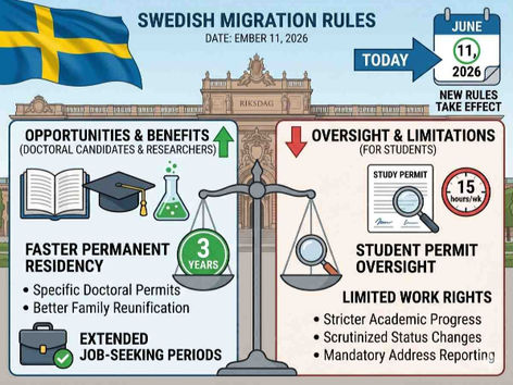 Swedish flag, two-panel design: researchers get 3-year PR path, family benefits; study permits face stricter oversight. Effective June 11, 2026.