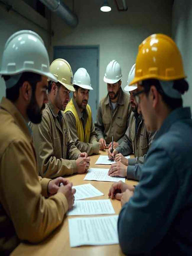 Foreign construction and farm workers in Japan reviewing new 2025 immigration policy documents at a training center.