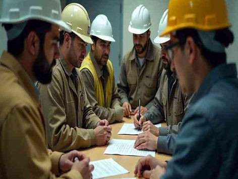 Foreign construction and farm workers in Japan reviewing new 2025 immigration policy documents at a training center.