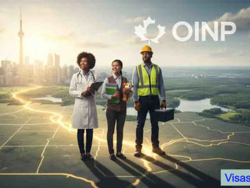 A diverse group of professionals, including a physician, an early childhood educator, and a skilled tradesperson, stand on a map of Ontario looking toward the Toronto skyline, symbolizing the increased opportunities and new beginnings offered by the OINP 2026 program.