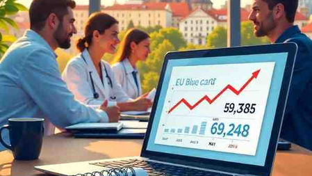 “EU Blue Card 2025 updates in the Czech Republic: Professionals in IT and healthcare discuss new salary threshold (CZK 69,248) and simplified visa rules. Calendar shows May 1, 2025, with Prague landmarks.”