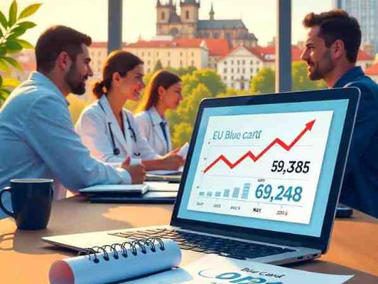 “EU Blue Card 2025 updates in the Czech Republic: Professionals in IT and healthcare discuss new salary threshold (CZK 69,248) and simplified visa rules. Calendar shows May 1, 2025, with Prague landmarks.”