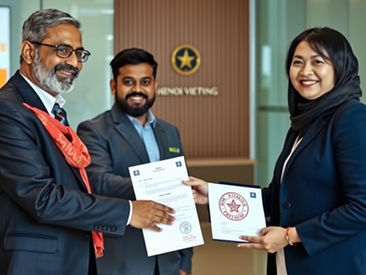 Indian professionals receiving an apostilled document at a Hanoi immigration office after Vietnam joins the 1961 Hague Convention.