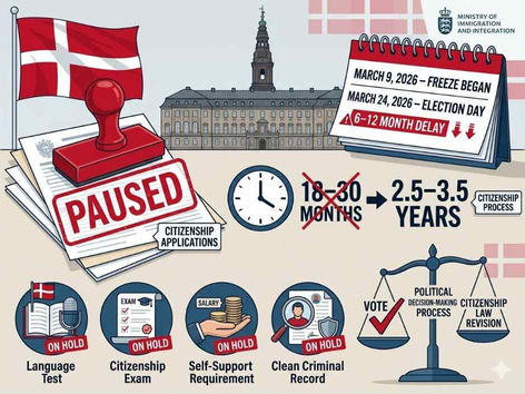 Danish Parliament building with paused citizenship applications and calendar showing Denmark Citizenship Application Freeze 2026 until after March 24 election.