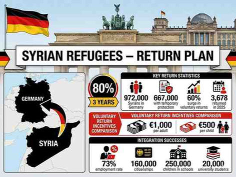 German flag with Syrian refugees return plan, 80% could go home in 3 years, showing key statistics and integration success data.