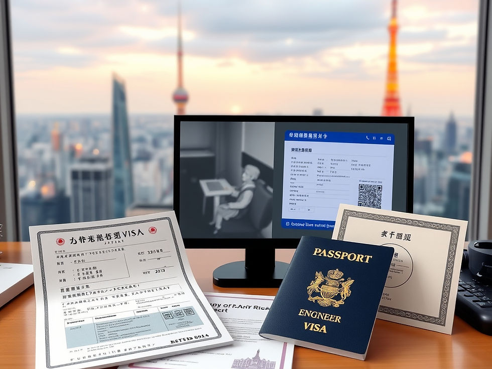 Japanese passport, Engineer visa document with March 2026 pledge stamp, JESTA pre-travel application screen, and Permanent Residency certificate arranged on desk with Tokyo skyline sunrise view, symbolizing Japan immigration reforms 2026-2028.