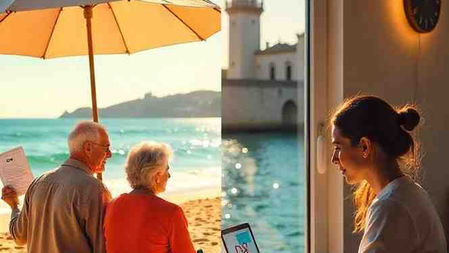 Portugal D7 and D8 Visas for Retirees and Digital Nomads: Split scene of beach relaxation and remote work with Lisbon landmarks