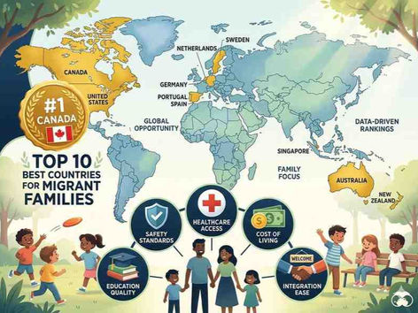 World map highlighting top 10 countries for migrant families 2026 with Canada #1, icons for education, safety, healthcare, cost, and integration.