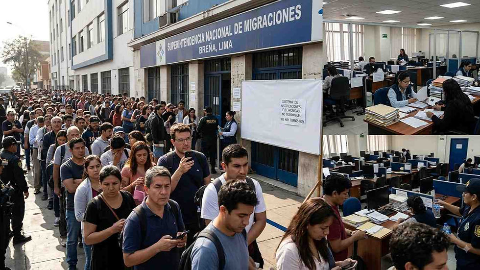 Peru immigration processing delays 2026 – infographic showing notification system down for 6 days, initial visas taking 50-70 days, renewals 4+ weeks, and Lima office closures.