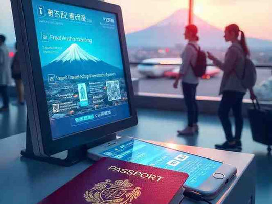 Japan Electronic Immigration System 2028 for visa-exempt countries with passport, digital kiosk, and Tokyo landmarks