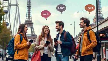 "Group of diverse young travelers with EU and UK flags, holding visas and backpacks at a symbolic border crossing between London and Paris, 2025."
