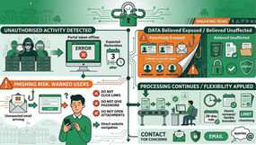 Infographic showing Ireland's Employment Permits Portal outage: exposed data categories, continuing permit processing, and the expected 3 November restoration.
