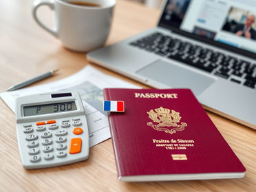 French passport and residence permit card with calculator showing €300 fee increase, French flag pin, representing France 2026 immigration fee hikes for citizenship and permits starting May 1.
