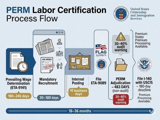 PERM labor certification process flow diagram showing prevailing wage, recruitment, filing, 483-day adjudication, and I-140 steps for US green card 2026.