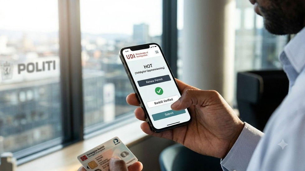 Norway HOT digital permit renewal system 2026 – infographic showing the new UDI eID renewal process, eliminating police appointments for eligible applicants, with key dates and eligibility requirements.