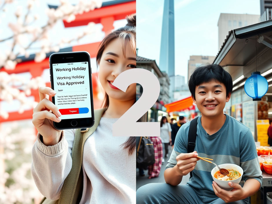 Split scene showing young woman with Japan working holiday visa approval on phone against cherry blossom background and young man eating noodles at Taipei night market with Taipei 101, connected by large number 2 with looping arrow.

