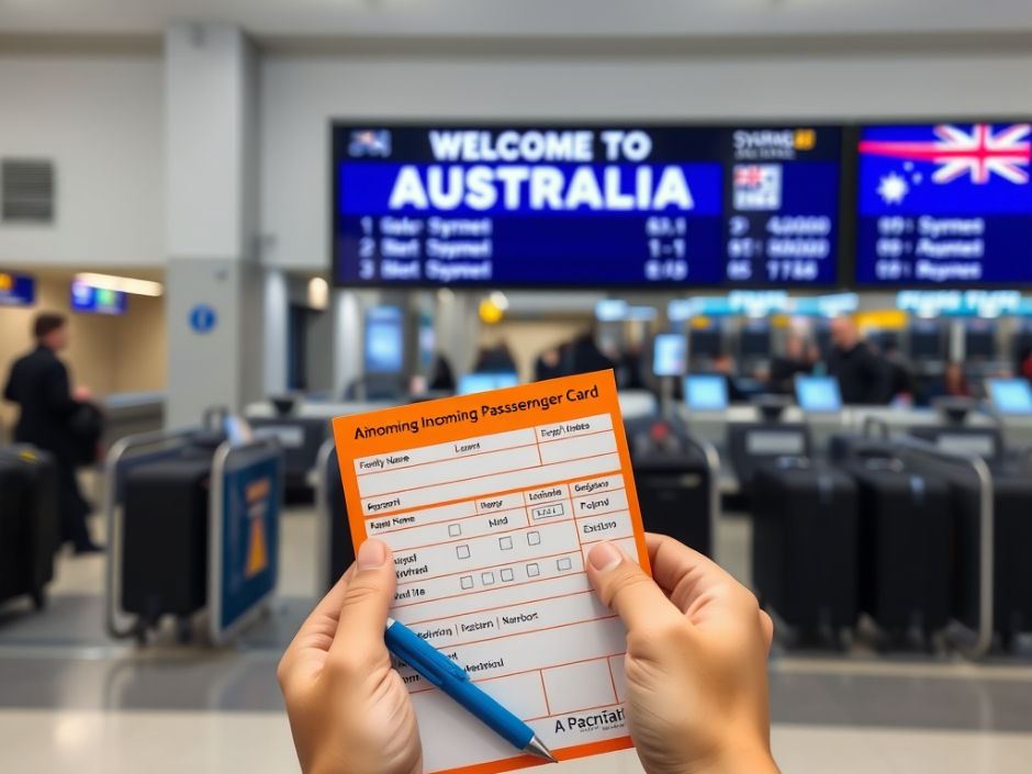 Traveler holding orange Australia Incoming Passenger Card (IPC) 2026 form at airport with baggage claim and border force signage.