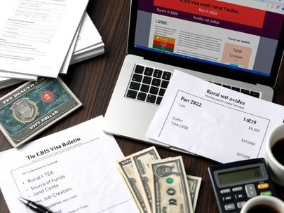 EB-5 visa processing time 2026 showing costs, requirements, rural TEA priority processing, I-526E form, Visa Bulletin, and investment folders arranged on desk with USCIS website on laptop