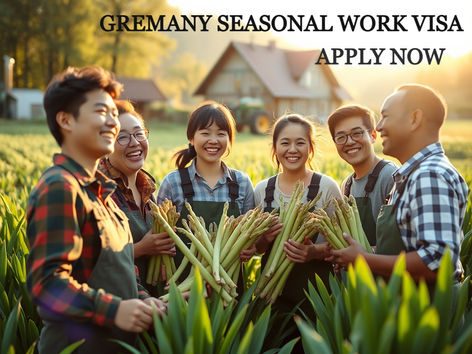 A diverse group of happy seasonal workers harvesting white asparagus in a sunny German field during the 2026 season.