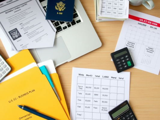 E-2 visa 2026 requirements, processing time, minimum investment, fees, and how to apply with passport visa stamp, business plan, source of funds documents, and treaty country list arranged on desk