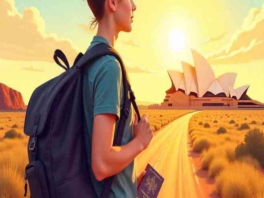Young traveler with backpack at Australian landmarks holding a visa passport for the Work and Holiday Visa 462 program."